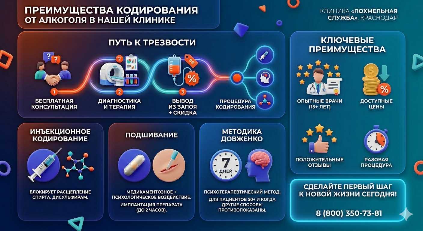 Инфографика о методах кодирования от алкоголя в Вязниках: инъекции, подшивание, метод Довженко. Преимущества клиники и этапы лечения.